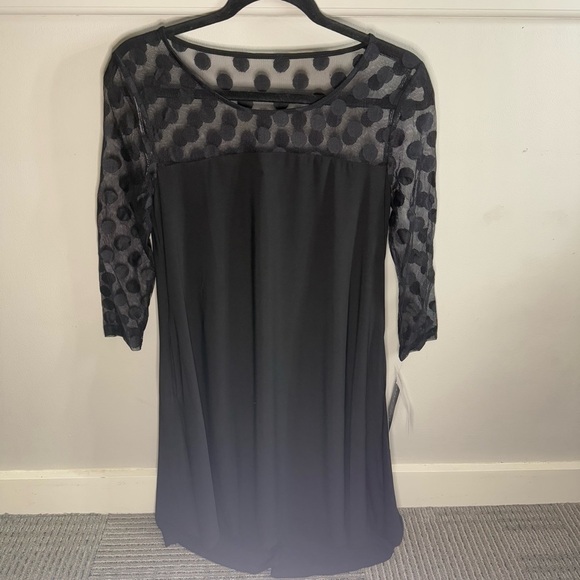Nina Leonard Black Dress with Polka Dot Mesh Neckline - Picture 1 of 7